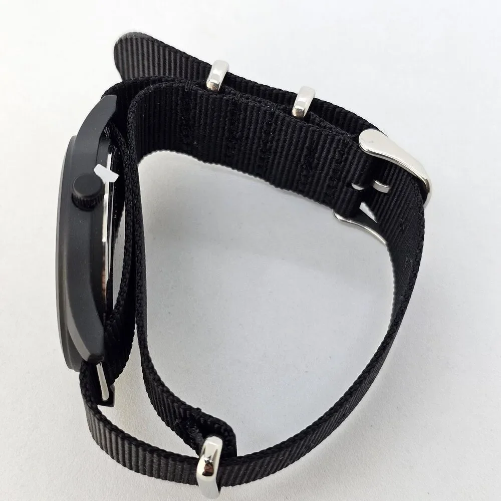 Men's Field Watch 42MM Black Case‎ Black Dial Black Canvas Band Strap NewBattery